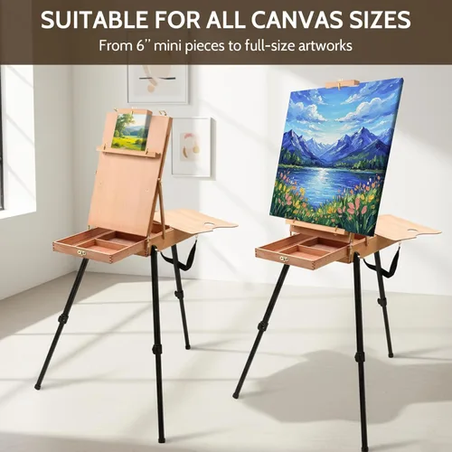 Miniatura 4 de Falling in Art - Caballete de campo y boceto estilo francés ligero con trípode de aluminio, caballete de pie de madera de haya ajustable con cajón