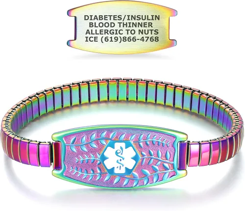 Miniatura 13 de Pulsera de Alerta Médica Elástica Oliva Divoti – Etiqueta de ID de Acero Inoxidable Grabada Personalizada – Hipoalergénica, Sin Cierre