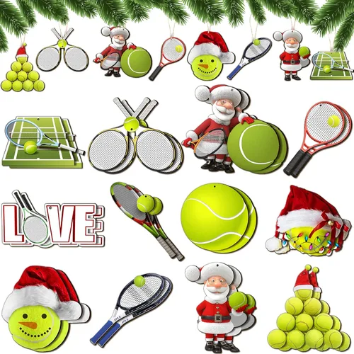 Miniatura 9 de 24 piezas de adornos de bolas de deporte navideñas, juego de adornos de bolas de deporte navideñas de madera, fútbol, baloncesto, béisbol, fútbol