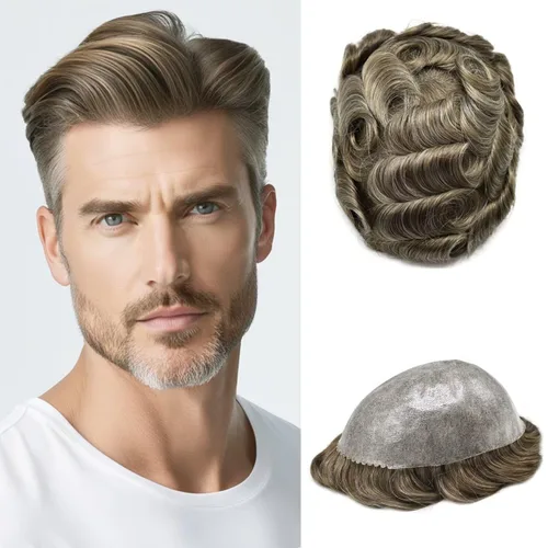 Miniatura 82 de Peluca completa de poliuretano para hombre, sistemas de reemplazo de cabello humano, piel fina y duradera, para hombre, prótesis de cabello