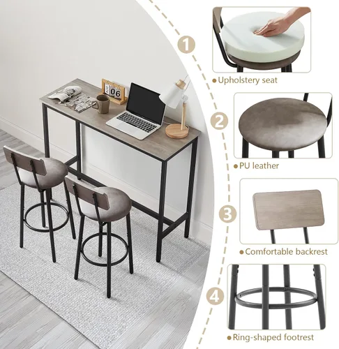 Miniatura 4 de Juego de mesa de bar y 2 sillas, 3 piezas para espacios pequeños, mesa de comedor rectangular para 2 mesas de bar de altura de mostrador con 2 Gris