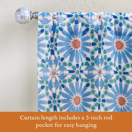 Miniatura 4 de Saffron Marigold Cortina de cenefa impresa a mano con ribete de cuentas, mosaique azul cielo principal, perfecta para cocina, dormitorio, baño