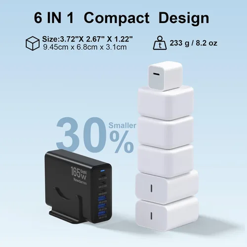 Miniatura 5 de Estación de carga USB C GaN de 165 W, cargador de escritorio de 6 puertos [3 USB-C PD + 3 USB-A], cargador rápido multidispositivo con cable de 5