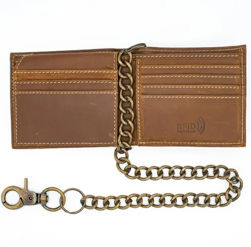 Miniatura 4 de Cartera de cuero genuino para hombre, con bloqueo RFID, plegable, elegante, billetera plegable con cadena de acero inoxidable, billetera abatible