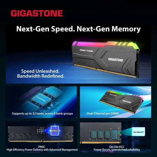 Miniatura 4 de 【RAM DDR5 RGB】 GIGASTONE Game Turbo 64 GB Kit (4 x 16 GB) DDR5 6000 MHz PC5-48000 CL40-40-40-76 Intel XMP 3.0 AMD Expo 1.3V UDIMM 288 pines sin