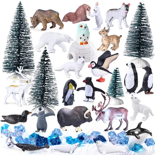 SIENON Juego de 60 piezas de juguetes de animales árticos, mini figuras de animales de invierno con oso polar, pingüino, caribú, frailecillo, lince,