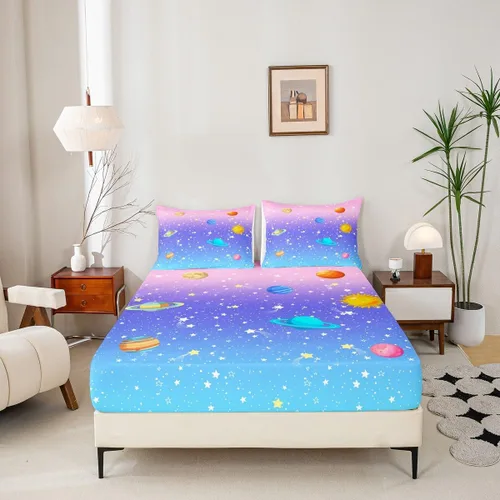Miniatura 4 de Outer Space - Juego de sábanas tamaño matrimonial para niñas y niños, diseño de arco iris, galaxia, estrellas, planeta, kawaii, pastel, rosa, azul