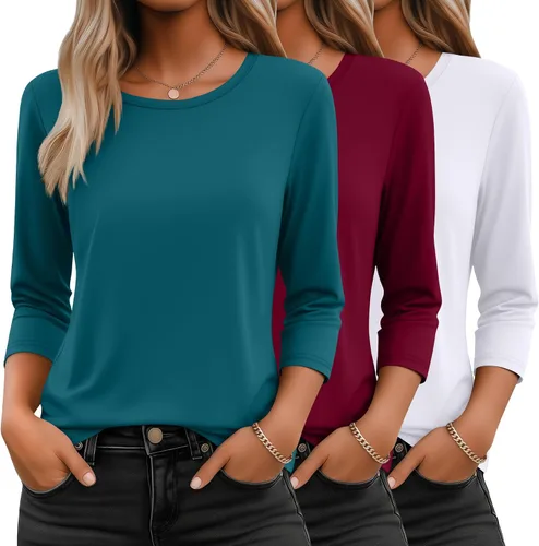 Miniatura 17 de Ficerd Paquete de 3 camisetas de manga 3/4 para mujer, cuello redondo, camisetas básicas elegantes, casuales, modernas, holgadas