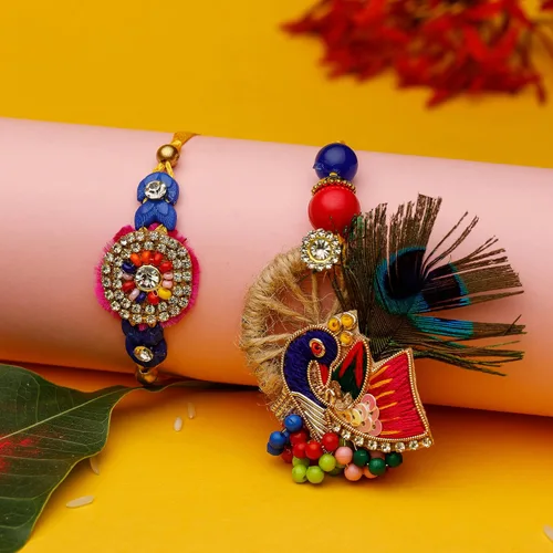 Miniatura 2 de Bhai Dooj Rakhi Lumba Juego de 2 Rakhi para hermano y Bhabhi Bhaiya Bhai Rakhi Rakhi Juego de 2 pares de hilos Rakhi Dora, paquete de regalo