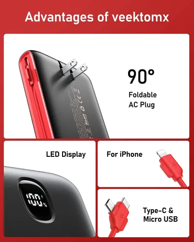 Miniatura 5 de VEEKTOMX Cargador portátil con cables integrados de 20000 mAh, banco de energía para iPhone con enchufe de pared de CA, batería delgada USB C