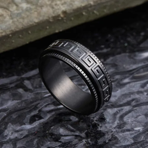 Miniatura 3 de King Will 8mm BlackSilver Spinner Stainless Steel Ring Fidget Ring Anxiety Ring for Men Brushed Greek KeyViking PatternRoman NumeralsHammered