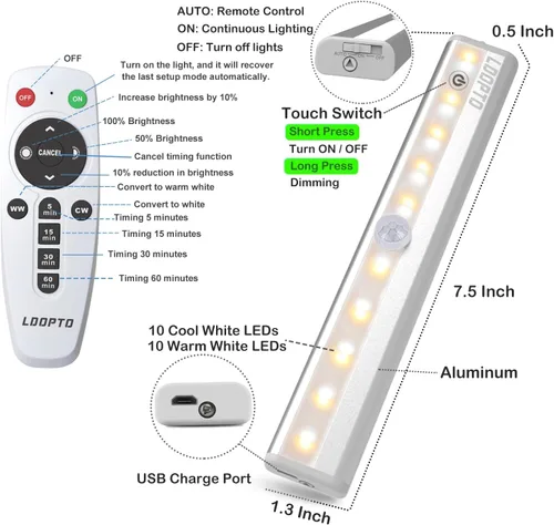 Miniatura 6 de LDOPTO Luces inalámbricas para debajo del gabinete, paquete de 4, luces recargables con control remoto, luces LED regulables para armario, luces