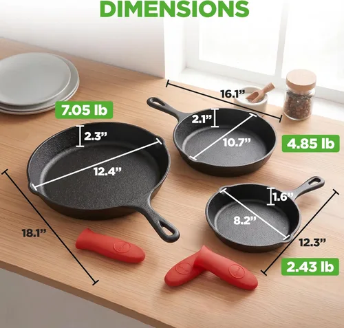 Miniatura 7 de NutriChef 3 piezas de sartenes de hierro fundido - Utensilios de cocina de hierro fundido pre-sazonados con caño de goteo, mangos de silicona