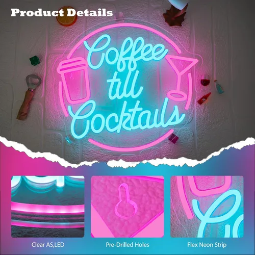 Miniatura 4 de Letreros de neón de café hasta cóctel para decoración de pared, luz de neón LED regulable, letreros de luz de café para iluminación de hogar, regalo
