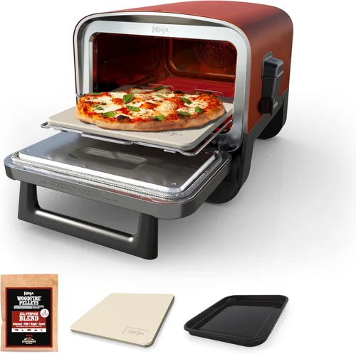 Horno de pizza de leña al aire libre Ninja, asador eléctrico portátil 8 en 1, calienta hasta 700°F, 5 configuraciones de pizza artesanal, caja de