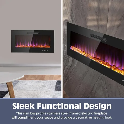 Miniatura 4 de Prominence Home Chimenea eléctrica de diseño delgado LED y chimenea montada en la pared con calentador de 1500 W, opciones de troncos y brasas