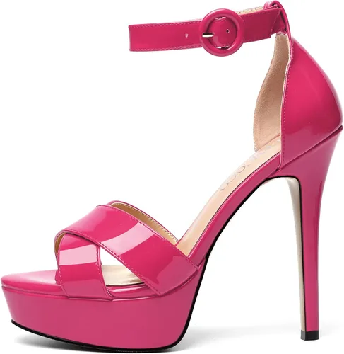 Miniatura 30 de MODENCOCO Sandalias de boda con correa de tobillo sexy para mujer, con plataforma y puntera abierta, tacón de aguja y tacón alto, zapatos de vestir