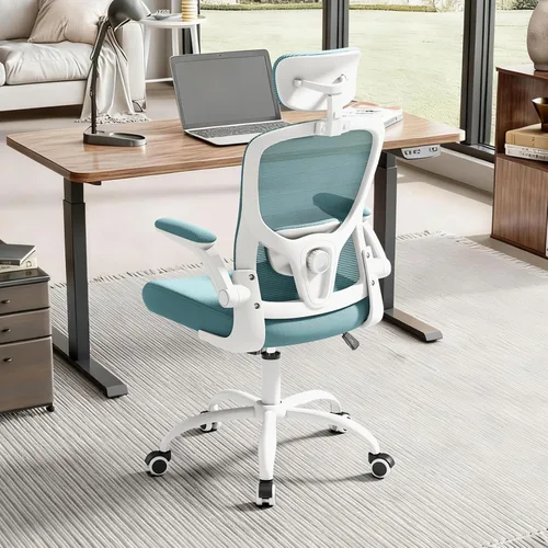 Miniatura 10 de Silla de oficina ergonómica, soporte lumbar ajustable y reposacabezas, silla de escritorio con respaldo alto con brazos abatibles para oficina