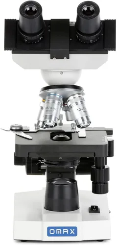 Miniatura 6 de Microscopio compuesto binocular LED lab 40X-2000X Omax con doble capa, etapa mecánica y coaxial fino/grueso, perilla de enfoque