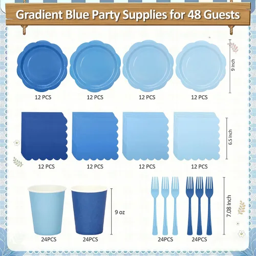 Miniatura 2 de 192 platos y servilletas de papel azul, platos de fiesta azul claro de 9 pulgadas, desechables, color azul degradado, suministros de fiesta