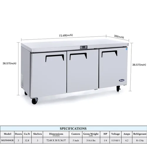Miniatura 3 de Atosa MGF8404GR Refrigerador de preparación de alimentos bajo encimera de 73 pulgadas para restaurante hotel bar 3 puertas batientes sólidas, 3