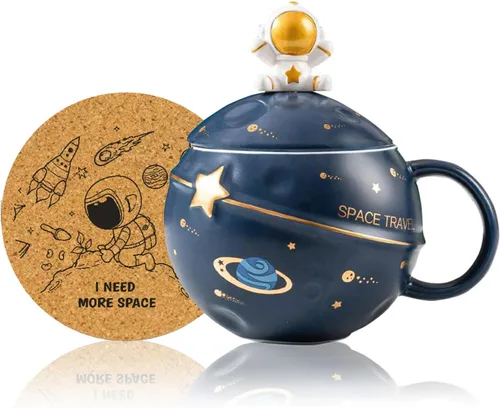 Miniatura 10 de Yalucky Taza Kawaii de astronauta con diseño de planeta en relieve del espacio, bonita taza de café de cerámica, taza novedosa con tapa y cuchara