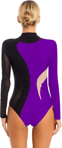 Miniatura 32 de iiniim Leotardo de malla para mujer, con diamantes de imitación, de malla, de manga larga, leotardos de gimnasia