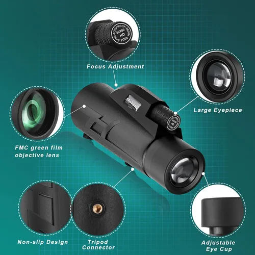 Miniatura 2 de Monocular HD de 20 x 50 para adultos con adaptador de teléfono y trípode, lente objetivo de 1.969 in, óptica multicapa, prisma BaK-4, estuche