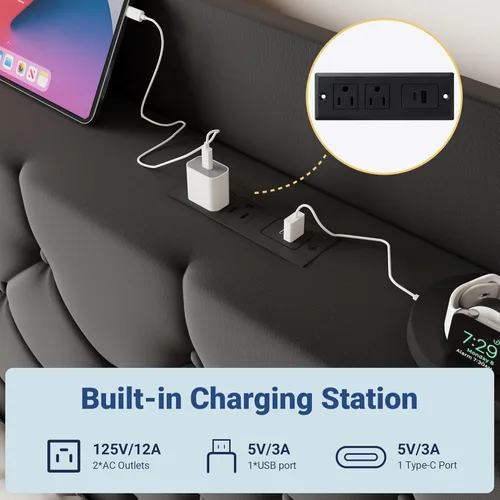 Miniatura 5 de Allewie - Base de cama tamaño King, cabecero con almacenamiento y estación de carga, tapizado en terciopelo, botones cosidos en forma de diamante