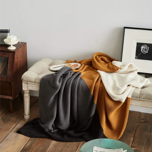 vctops Manta de punto trenzado de algodón con bloques de color, ultra suave, acogedora, decorativa, para sofá, silla de playa (amarillo, 51 x 63
