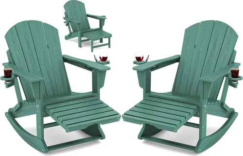Miniatura 16 de Mecedora Adirondack de KINGYES con Otomana Retráctil y Portavasos, Silla Reclinable de Patio de HDPE Adirondack para Porche, Patio, Balcón, Azul Aqua