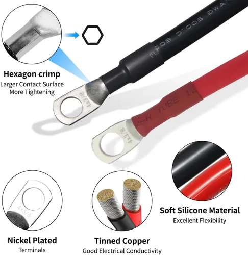 Miniatura 2 de ELFCULB Cable de batería de calibre 4, cable de soldadura de cobre estañado de 1 pie con lengüetas de 3/8 pulgadas para batería solar de automóvil