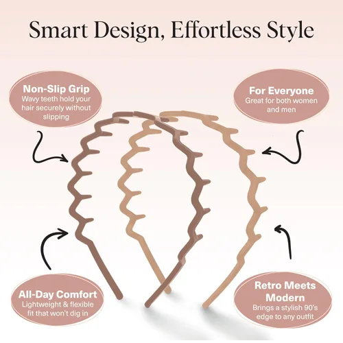 Miniatura 3 de Kitsch - Diademas de diseño Zig Zag, de plástico reciclado, para hombres y mujeres, clásica de los años 90, diadema ondulada con dientes, diademas