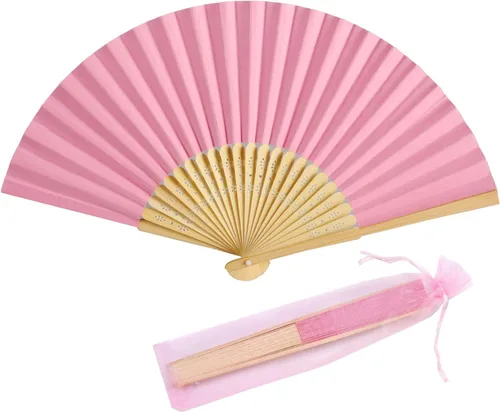 Miniatura 12 de 50 abanicos de mano de papel con bolsas de organza, abanicos plegables de mano de bambú para bricolaje, recuerdos decorativos de fiesta de boda Crema