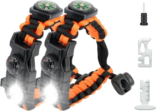 Miniatura 9 de Brazalete de paracord de supervivencia 20 en 1, kit de equipo ajustable con luz LED SOS, arrancador de fuego, brújula más grande, silbato de Negro