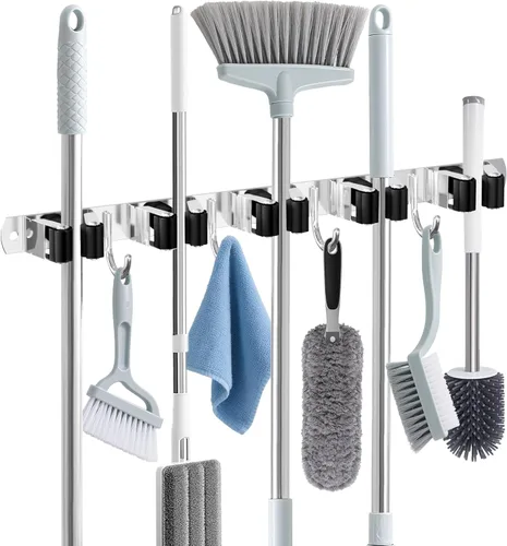 Soporte de Pared para Escoba, Organizador de Escoba de Montaje en Pared de Acero Inoxidable y Colgador de Trapeador de Servicio Pesado, Organización