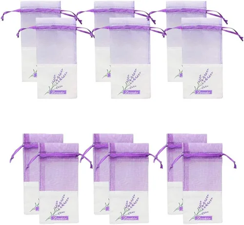 Sachet - Bolsas vacías de tela de lino, bolsas de gasa de organza para lavanda, especias y hierbas (12 bolsas con cordón morado)