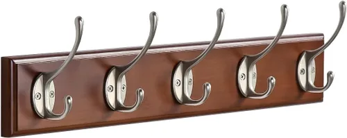 Miniatura 11 de Perchero de bambú para montaje en pared, 17 pulgadas, 5 ganchos dobles, azul y dorado Natural
