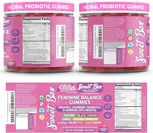 Miniatura 9 de Gomas de equilibrio femenino Clean Nutra para mujeres, piña, probióticos vaginales, balance de pH, arándano, D-manosa, suplemento de inositol