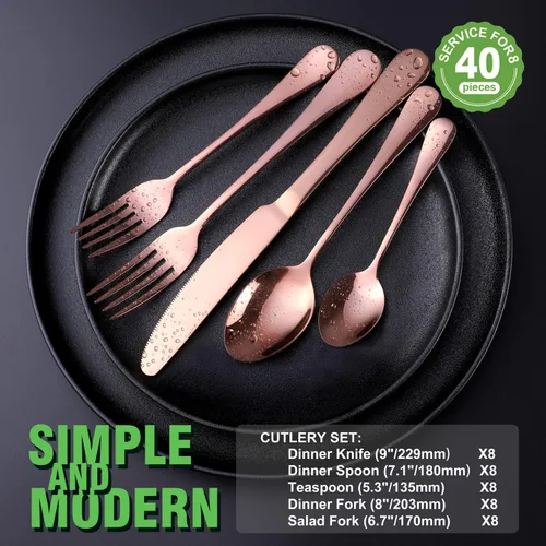 Miniatura 2 de OGORI - Juego de cubiertos de acero inoxidable de 40 piezas de cobre y oro rosa, juego de utensilios de cocina para 8, vajilla pulida con espejo