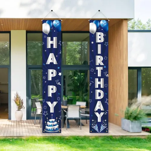 Miniatura 5 de Pancarta de Decoraciones de Cumpleaños Azul Plateado, Letrero de Puerta de Feliz Cumpleaños, Poliéster, 72 x 12 Pulgadas, para Hombres Mujeres Niños