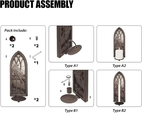 Miniatura 4 de Juego de 2 candelabros góticos de pared, diseño de cuervo de hierro forjado con bandejas extraíbles para velas cónicas y pilares, diseño medieval