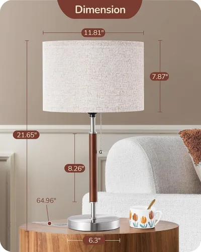 Miniatura 6 de EDISHINE Lámpara de mesa de mediados de siglo, lámpara de noche con interruptor de cadena con pantalla de lino, poste de madera maciza y base