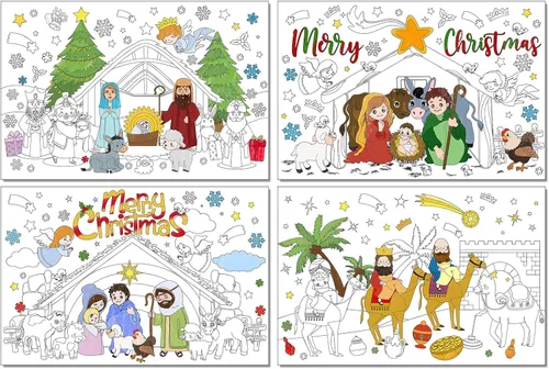 Whaline 24 manteles individuales para colorear de Navidad, escena de pesebre, tapete de papel para colorear con temática de nacimiento de Jesús,