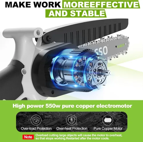 Miniatura 3 de Mini motosierra inalámbrica de 6 pulgadas, motosierra eléctrica con motor fuerte, 2 cadenas incluidas para recortar árboles, corte de ramas, claro