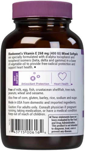 Miniatura 3 de Bluebonnet Nutrition Vitamina E 400 UI (268 mg) Cápsulas blandas mixtas de tocoferoles, portección de radicales libres y soporte cardiovascular, sin