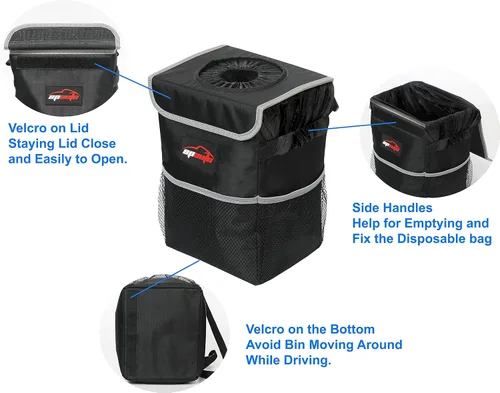Miniatura 5 de EPAuto Basurero impermeable para automóvil con tapa y bolsillos de almacenamiento, 2.5 galones, color negro