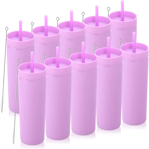 Miniatura 34 de Volhoply Paquete a granel de 4 vasos delgados de plástico de 20 onzas, vaso de doble pared con tapa y popote, taza reutilizable de viaje para café