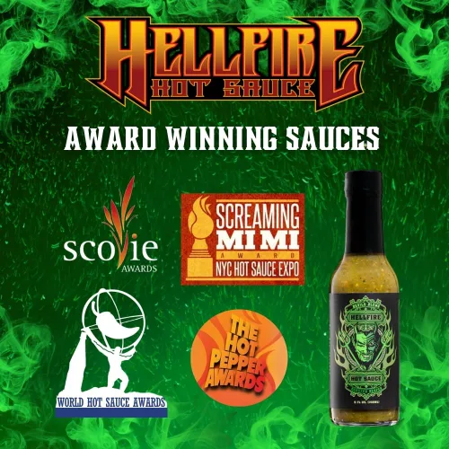 Miniatura 7 de Hellfire Hot Sauce Devil's Blend - Salsa Verde Gourmet picante picante de Carolina Reaper asada al fuego, presentada en el programa de televisión