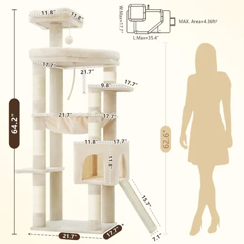 Miniatura 6 de Heybly Árbol para gatos resistente, torre de 64.2 pulgadas de alto para gatos grandes de interior con estructura ampliada, muebles para gatos
